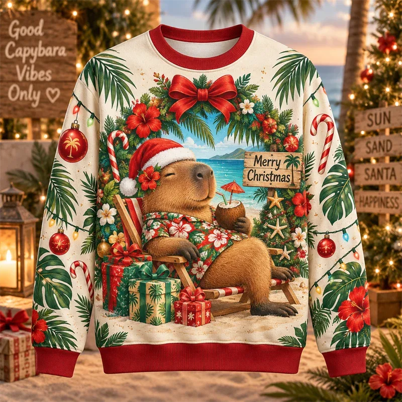 Capybara Christmas Sweater Funny Animal Holiday Graphic Crewneck Xmas Pullover Winter Party Gift Casual Streetwear Festive Top — image 4