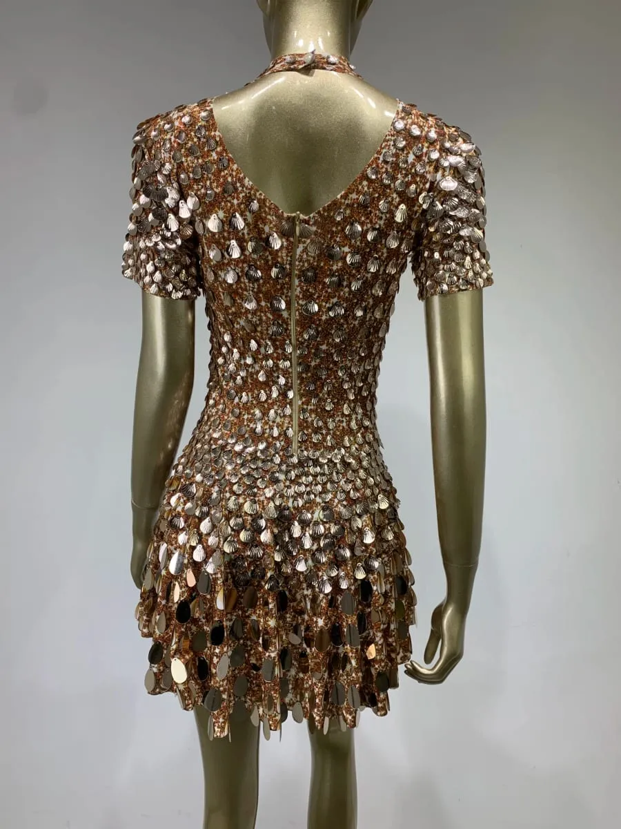 Estate donna moda mezzo collo alto manica corta sirena lucida paillettes mini abito club abito discoteca costume da spettacolo teatrale — image 4