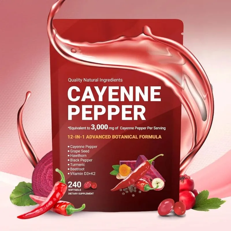 Cayenne Pepper Softgels with Grape Seed Beetroot Turmeric Vitamins D3 K2 E Herbal Supplement