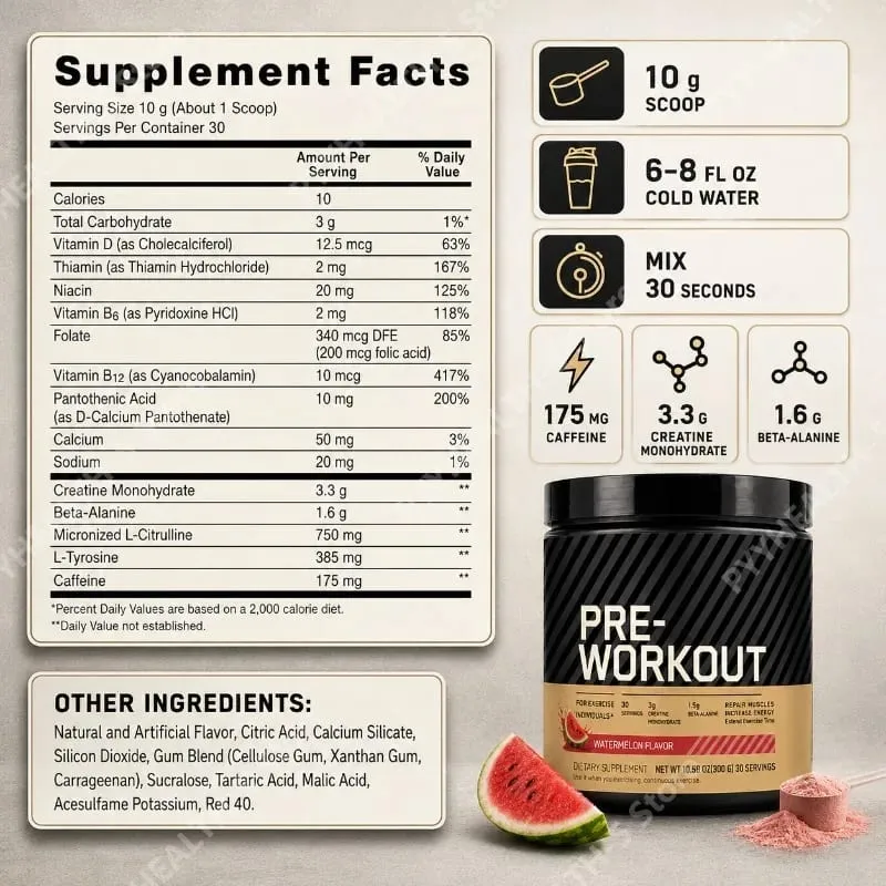 Pre Workout Pulver med Kreatin Beta Alanine L Citrulline Tyrosine Koffein Energi Udholdenhed Fokus Support 300 g 30 portioner — image 3