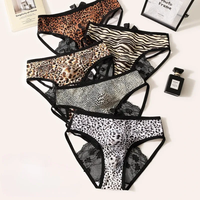 Men's Sexy Underwear Hollow Lace Back Sheer Panties Ice Silk Leopard Printed 3D Bullet Separation Pouch Sissy Underwear — image 6