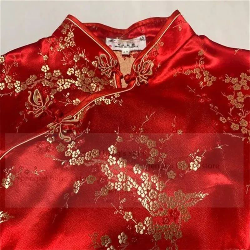 Chinese Stijl Vrouwen Draak Phenix Qipao Klassieke Rood Satijn Cheongsam Plus Size Korte Mouw Mini Jurk Vestidos 3XL 4XL 5XL 6XL — image 4