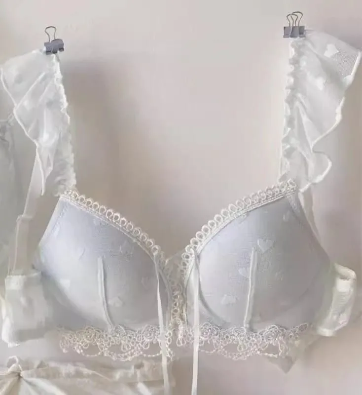 Set Pakaian Dalam Jepun Kawaii untuk Payudara Kecil Manis Romantik Hati Cetak Bralette Selesa Dipakai Setiap Hari Bra Anti-Kendur — image 9
