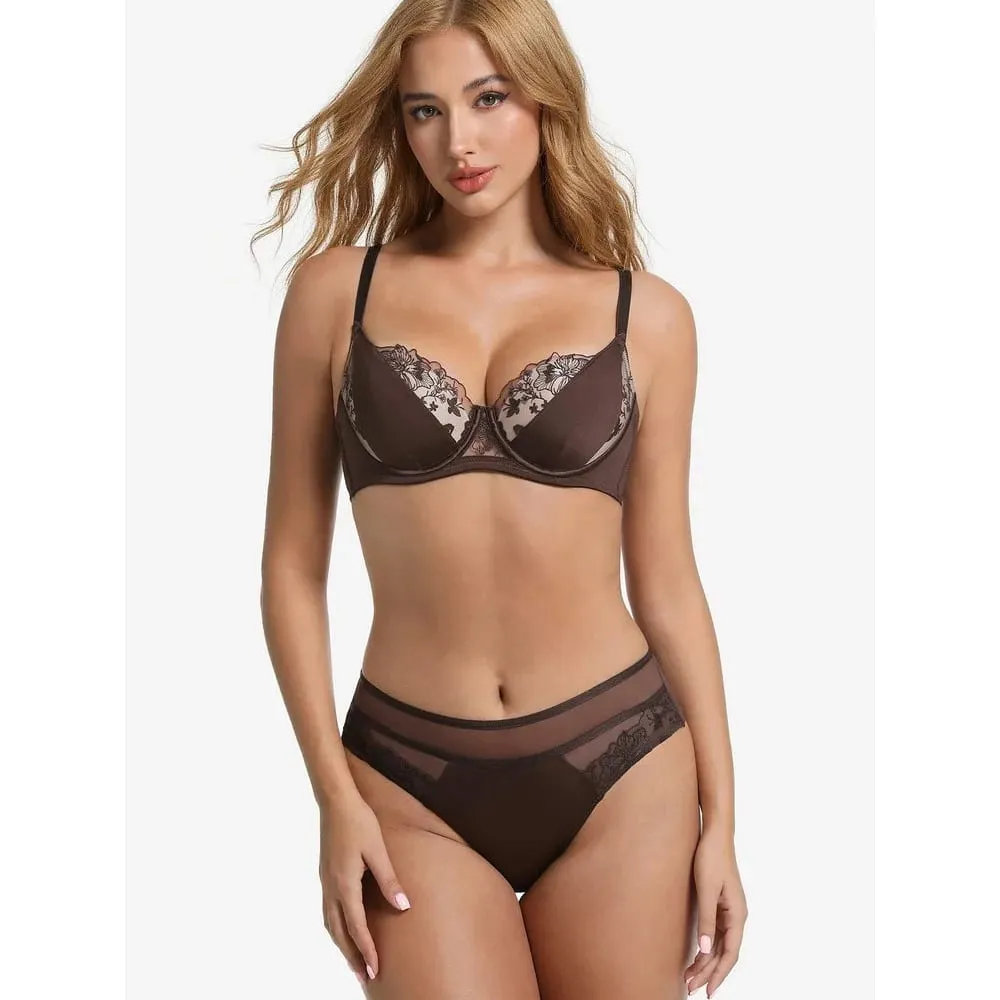 Big Bust D Cup Plus Size Color Block Lace Bra Set Thin Cup Full Coverage Brassiere Lingerie Set Curvy Women Underwear — image 4