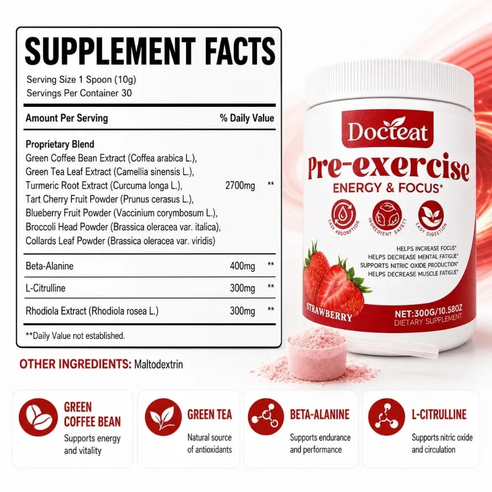 Docteat Pre Workout Powder Strawberry Energy & Focus Support Beta-Alanine L-Citrulline Rhodiola 300g 30 Portioner Drikkeblanding — image 3