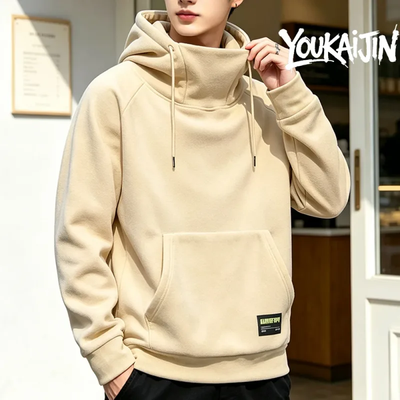 Men's Polar Fleece Sweatshirt Solid Color Street Style Autumn Winter Hood Sports Windproof Oversized High Collar Hoodie 5XL — image 12
