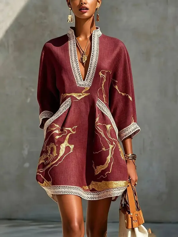 B Elegant Mini Dress for Women Fashion Lace Trim V Neck Abstract Print 3/4 Sleeve Pocket Dress Casual Commuting Vacation Dresses — image 6