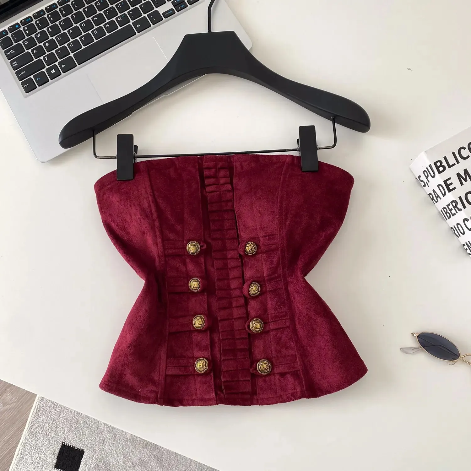 Fake Suede Senior Vintage Tank Top Autumn Female Metal Button Bodycon Top French Sensual Chic Commute Party Camisole — image 8