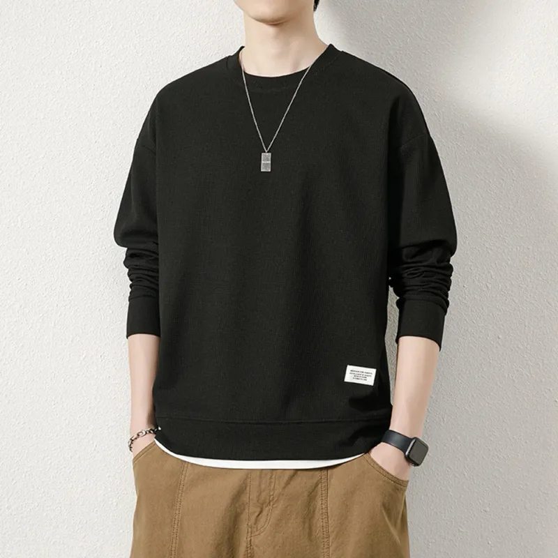 Loose for Fit Plaid Sweatshirt for Men with Long Sleeves Round Neck and Fake Two-Piece Visual Design for Everyday Use