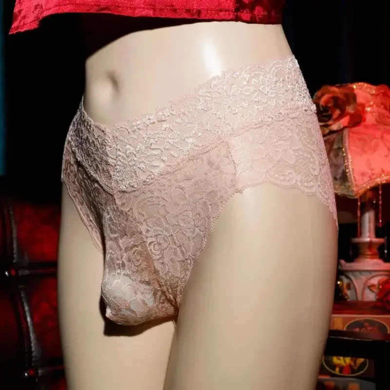 시시 파우치 속옷 남자 울트라 얇은 레이스 팬티 중공 메쉬 팬티 Crossdressing 여성화 속옷 게이 란제리 — image 4