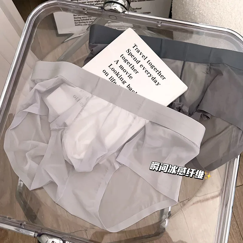 Cuecas masculinas transparentes ultra-finas de seda gelo calcinha de secagem rápida sexy u bulge bolsa homem roupa interior respirável cuecas — image 18