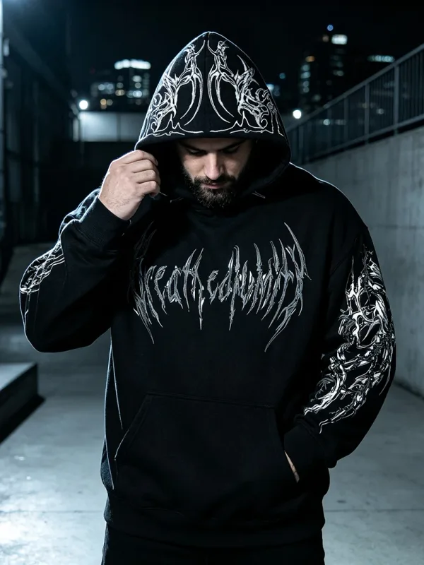 Men Alt Gothic Pullover Hoodie Y2k High Street American Style Dark Thorn Print Fleece Lined Loose Biker Fall Winter Sweatshirt — image 3
