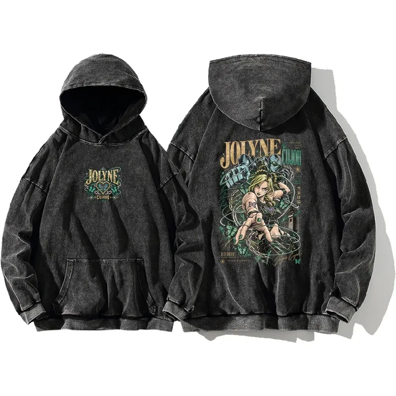 Jolyne Cujoh JoJo's Bizarre Adventure Hoodies Manga Vintage Washed Streetwear Men Long Sleeves Oversized 100% Cotton Hooded Tops