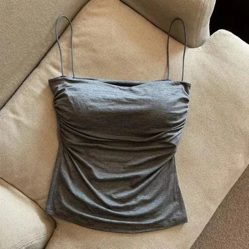 Sexy Solid Pleated Tank Camisole Women's Summer Spaghetti Strap Sleeveless Tops