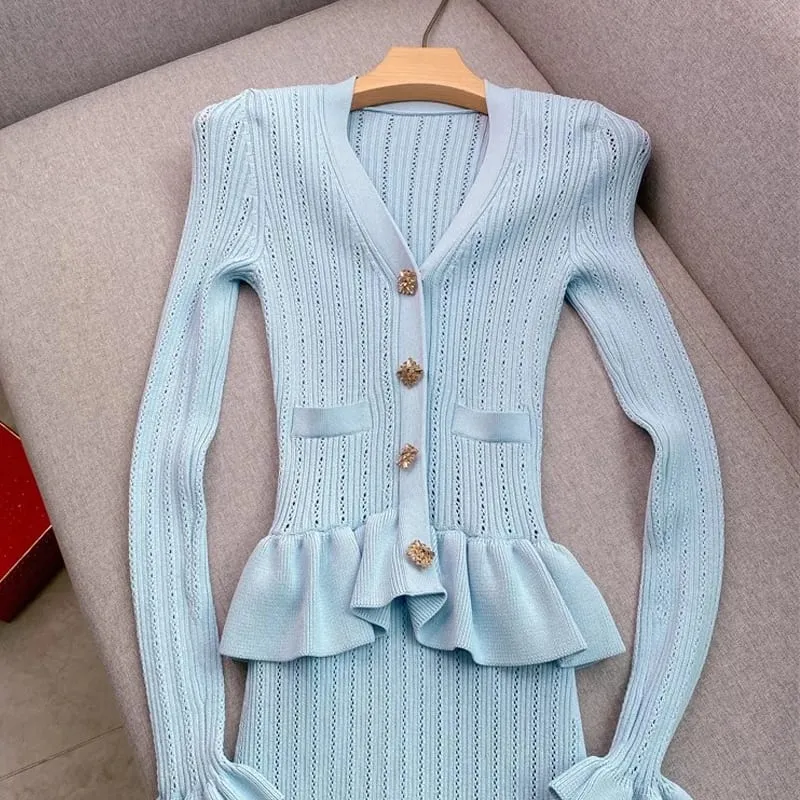 YuooMuoo marca de moda de una pieza de punto Maxi Vestido de mujer elegante con cuello en V con volantes cintura delgada ceñido al cuerpo suéter Vestido de fiesta