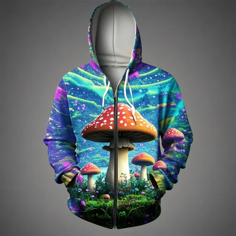 Mantar 3D baskı fermuarlı kapüşonlu kıyafet erkek kadın rahat moda kapüşonlu eşofman üstü erkek büyük boy eşofman Hoodies erkek ceket giyim — image 3
