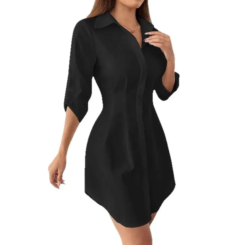 Women Long Sleeve Shirt Dress Fall Winter Open Cardigan Turn Down Collar Button Down Casual Midi Dresses — image 5