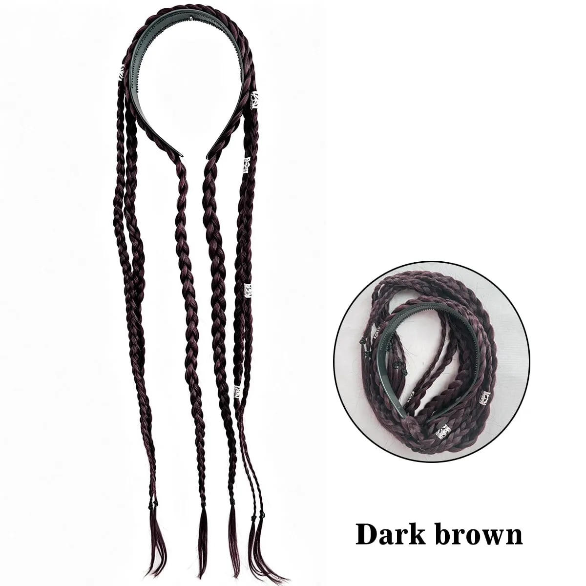 Synthetic Braided Headband Wig Braids Hairband With Decorative Silver Rings Long Box Braid Headband Hairpieces For Women Daily — image 5
