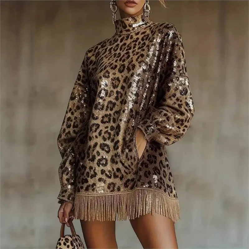 Autumn Winter Fashion Leopard Print Dress Casual Personalized Clothing Long Sleeved Sequins Tassel High Neck Pocket Short Dress