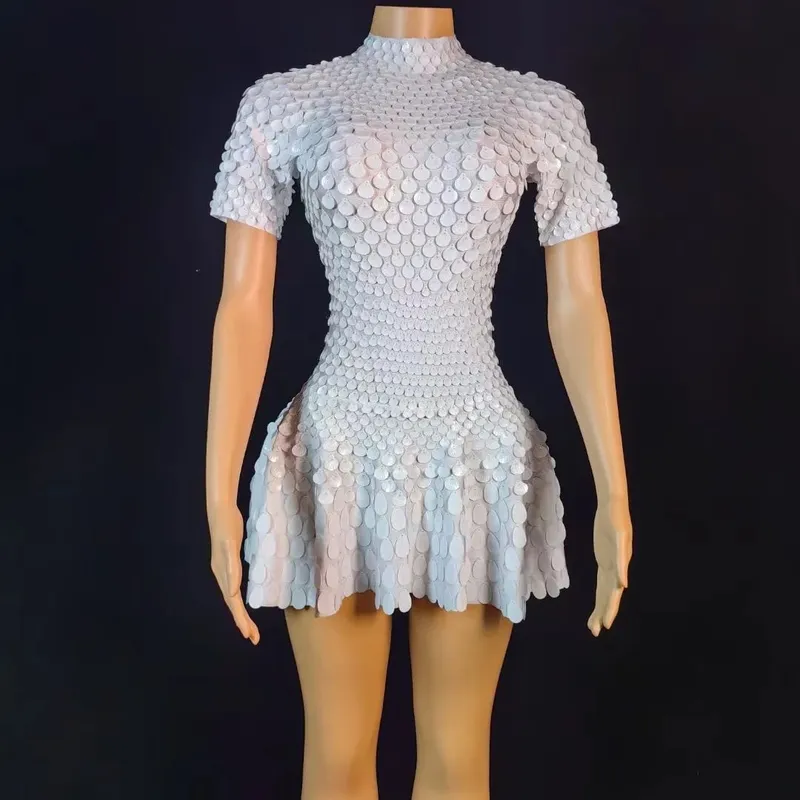 Estate donna moda mezzo collo alto manica corta sirena lucida paillettes mini abito club abito discoteca costume da spettacolo teatrale — image 13