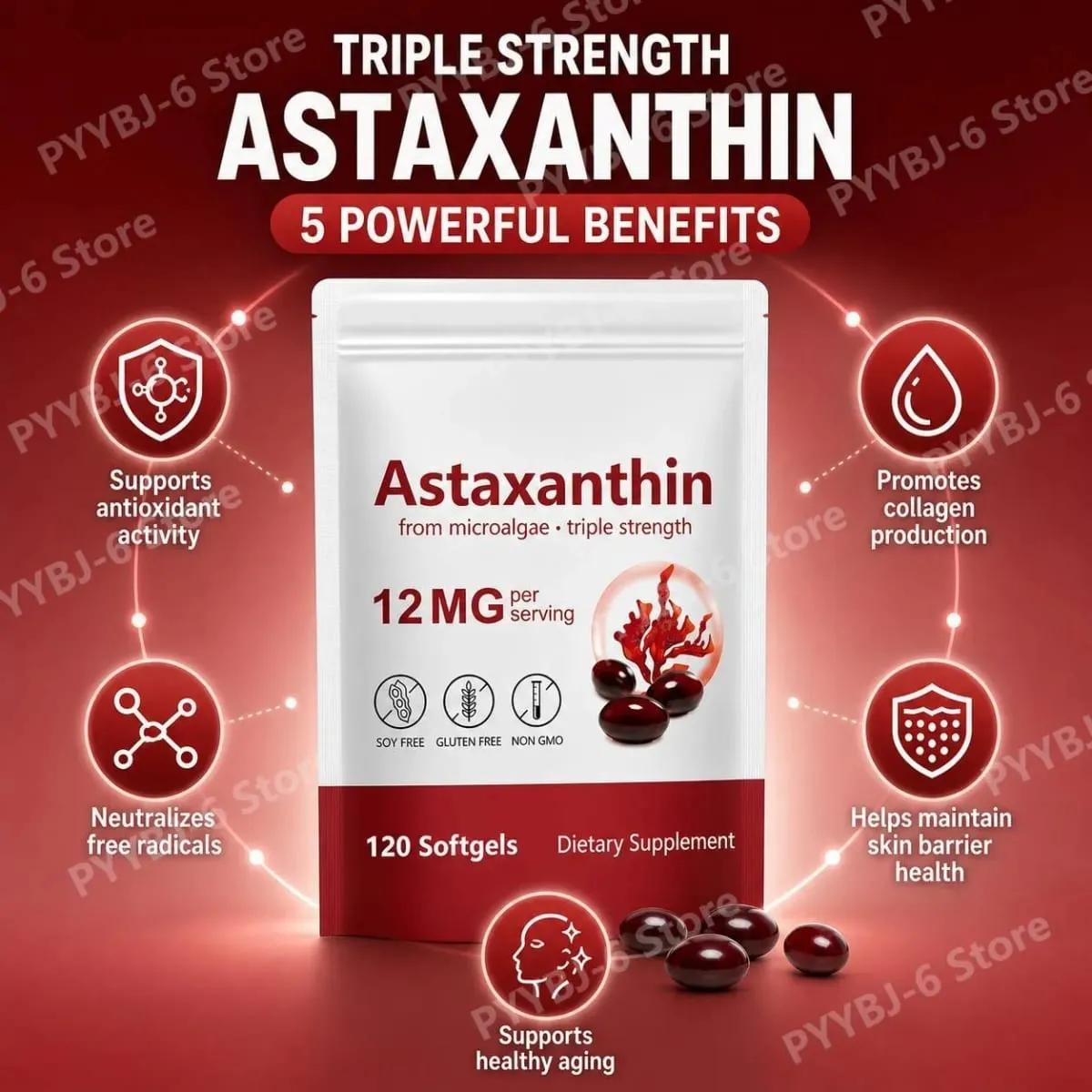 Astaksantin Softgeller Mikroalglerden Üçlü Güç Sağlıklı Yaşlanmayı Destekler Kolajeni Destekler Cilt Bariyerini Destekler 120 Softgels — image 2