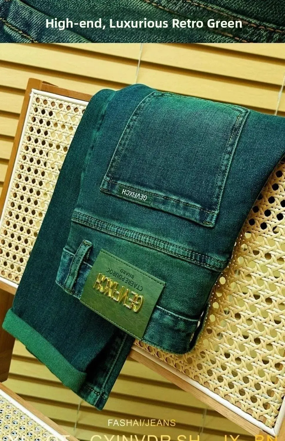 High Quality Emerald Green Slim Fit Men's Jeans Retro Fashion Washed out Casual Straight Leg Youthful Style Chinese Production — image 6
