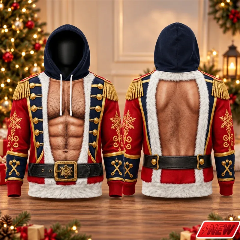 Fashion Christmas Party Streetwear Hoodie Men Holiday 3D Print Funny Fake Muscle Santa Suit Reindeer Graphic Festive Sweatshirt — image 6
