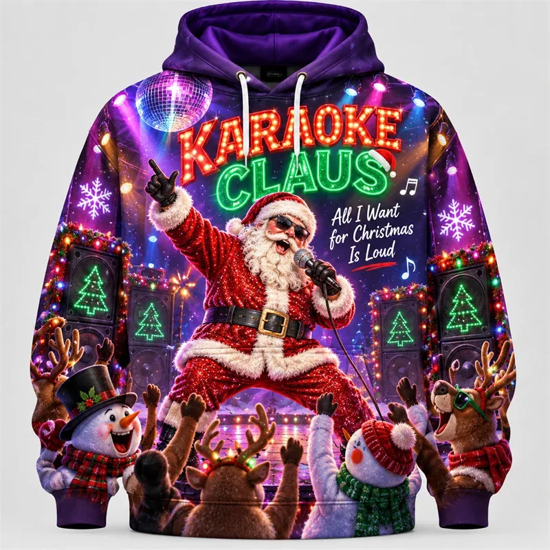 Funny Santa Christmas Hoodie 3D Print Karaoke Sleigh Repair Laundry Snack Holiday Party Pullover Winter Streetwear Gift — image 8
