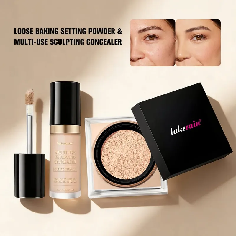 2ks sada na make-up na obličej s korektorem a sypkým pudrem na obličej s hladkým matným povrchem pro ženy, korejský make-up — image 3
