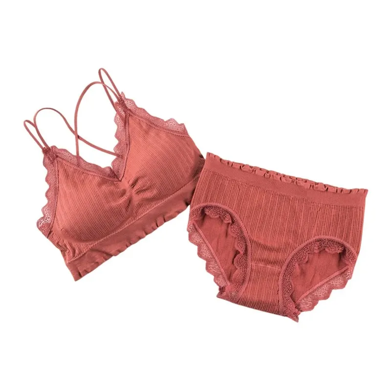 1Set Casual Lace Women Seamless Bra Set V-Neck Breathable Lingerie Set Comfortable with Bra Pads Underwear Set — image 11