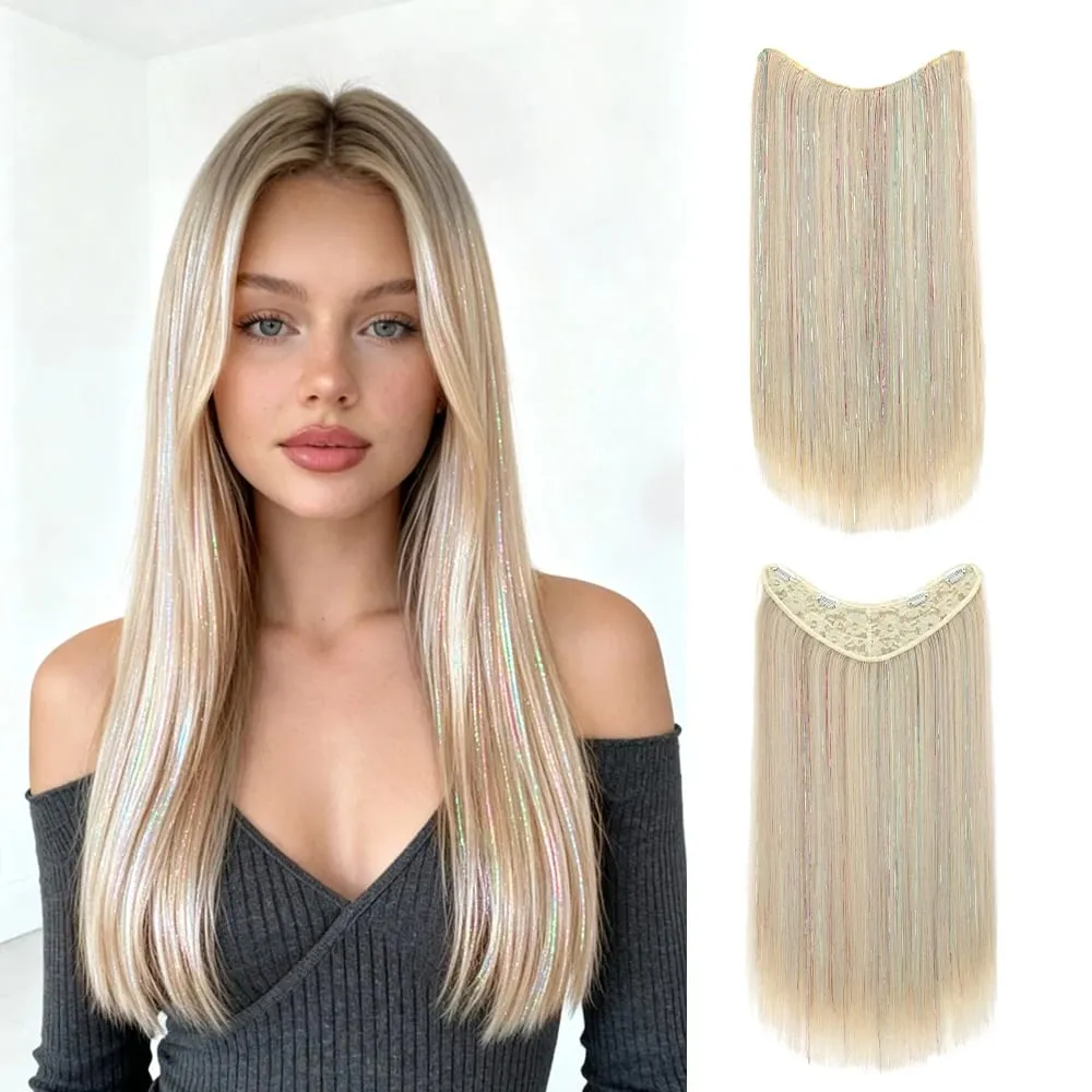24Inch Long Straight Synthetic Clip‑in Hair Extensions Glitter Laser Tinsel Hair High‑Temp Fiber Shiny Hairpiece for Women Daily — image 9