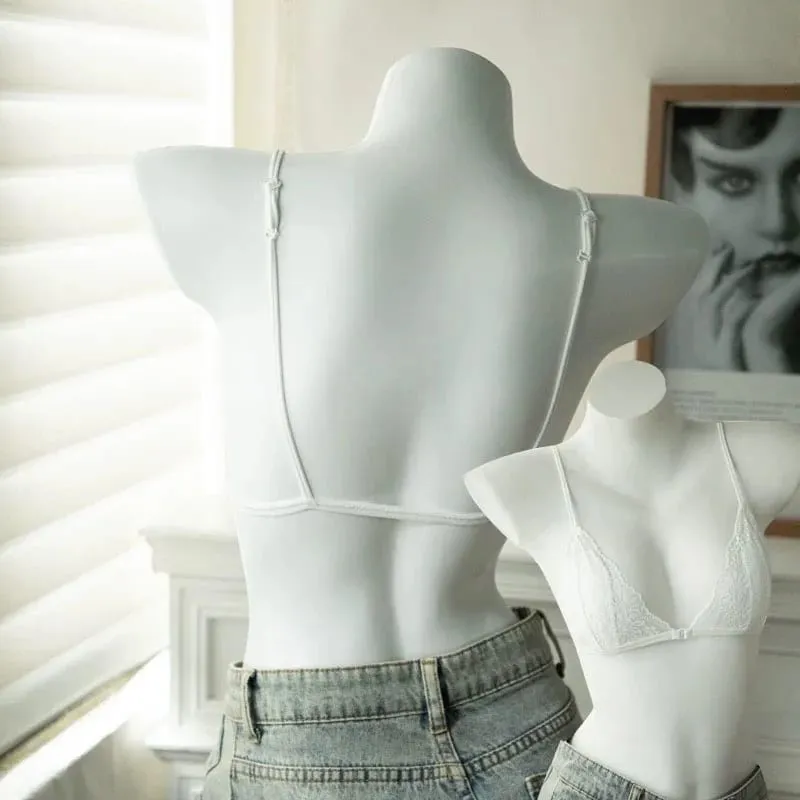 Reggiseno a triangolo sottile in pizzo sexy stile francese con bottone frontale Intimo senza fili da donna senza anello in acciaio Bellissimo reggiseno sulla schiena