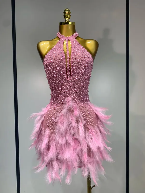 Luxury Rhinestones Pearls Halter Backless Short Feathers Dress Women Sexy Celebrate Birthday Dress Performance Dance Costume — image 8