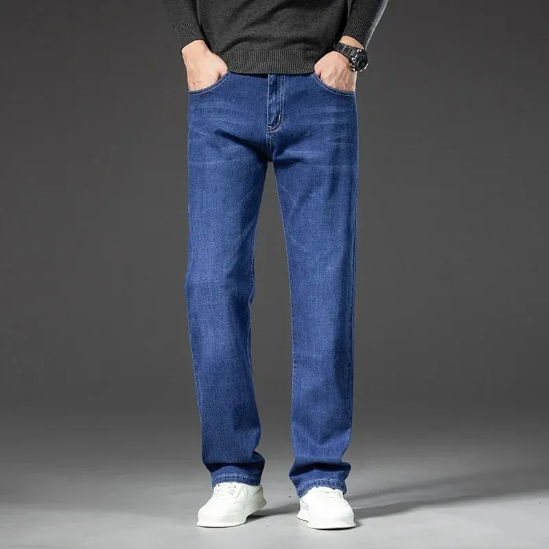 2025 Spring Autumn Men's Straight Jeans Denim Pants Classic Style Business Stretch Casual Trousers Large Size 40 42 44 46