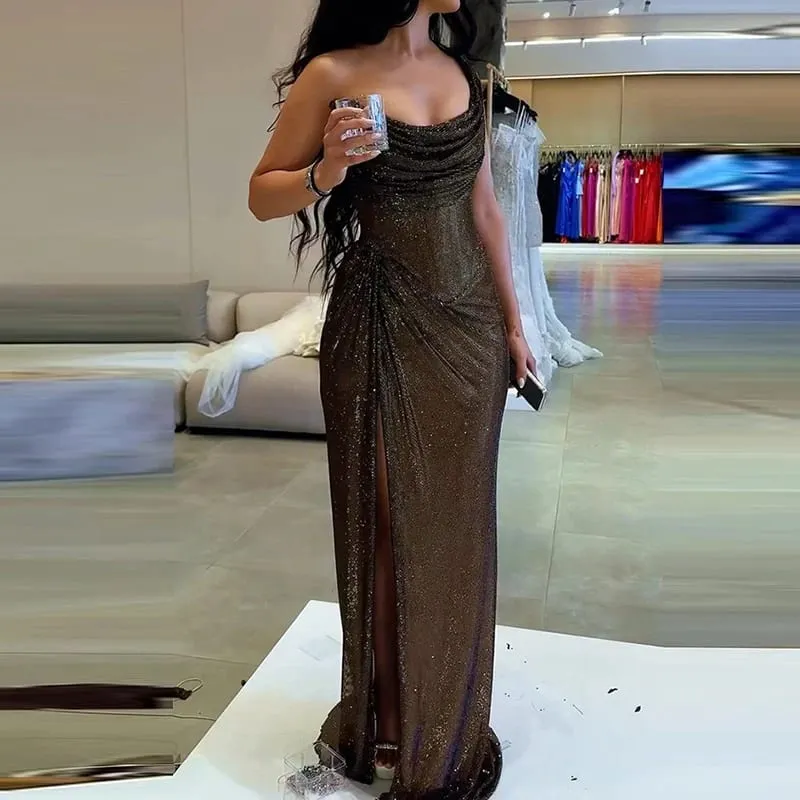 เซ็กซี่ Elegant ความยาวเต็มสูงแยกชุด Chic Girdling จัดเลี้ยง Maxi ชุดผู้หญิงหรูหราหนึ่งไหล่ Glitter Slim Dress — image 2