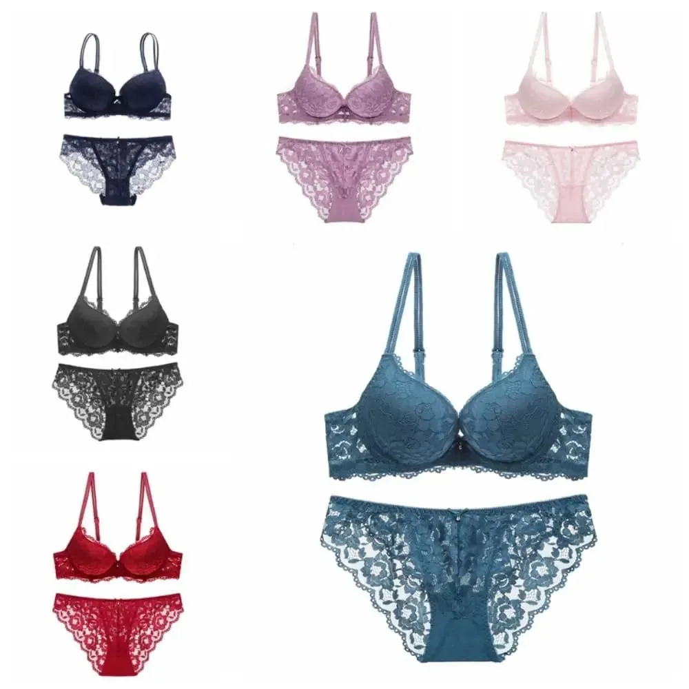 Sweet Mesh Lace Flower Bra Low Waist Bowknot Push Up Bra Women Lingerie Non Slip Bra Panties Set Beach — image 2