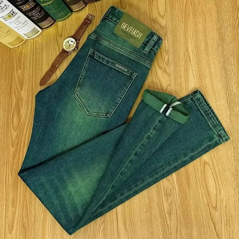 High Quality Emerald Green Slim Fit Men's Jeans Retro Fashion Washed out Casual Straight Leg Youthful Style Chinese Production — image 5