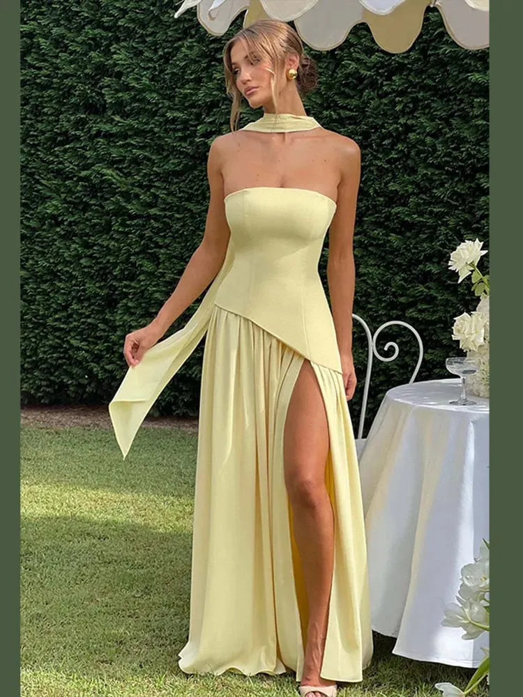 Maxivestido liso empalmado con cinta para mujer, Vestidos largos elegantes sin tirantes y sin mangas con abertura, novedad de 2025, Vestidos de fiesta de verano para mujer