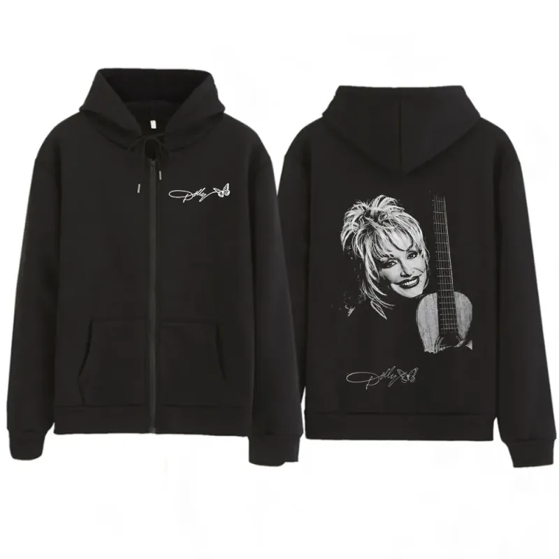 Dolly Parton Country Music Guitar Zipper Hoodies Men Women Fashion Long Sleeve Oversized Zip Up Hooded Sweatshirts Jackets Coats