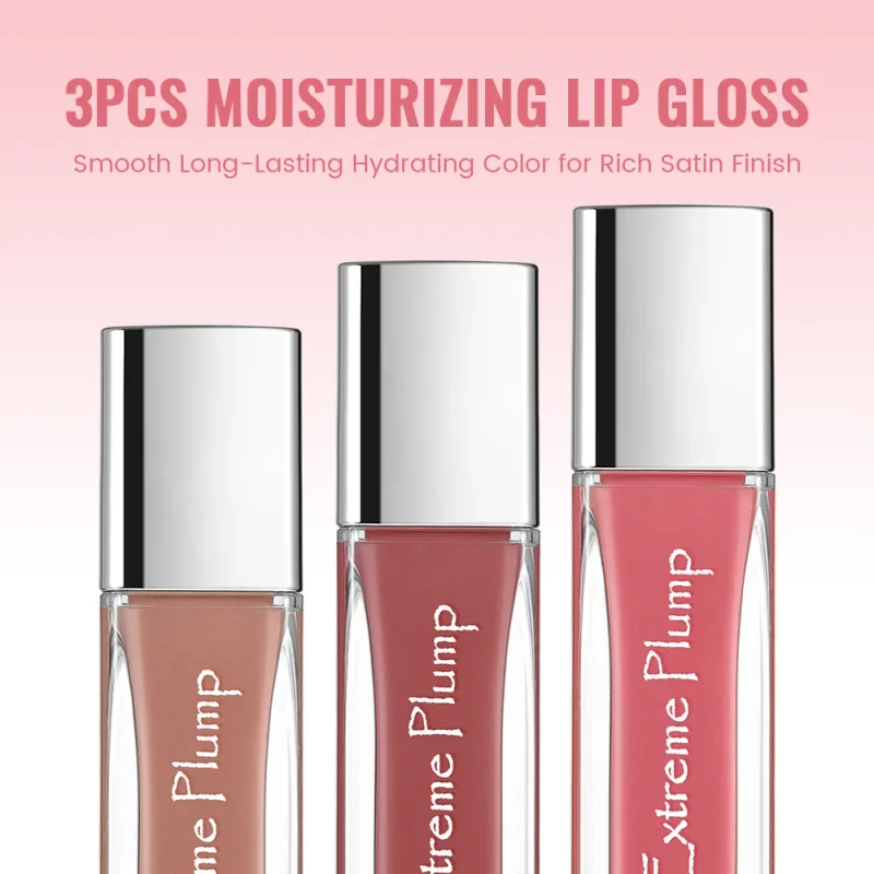 3 stk Extreme Plump Lip Gloss Sæt Spejlglas Finish Langvarig Hydrating Lip Glaze Ikke-klæbende Vandtæt nøgen flydende læbestift