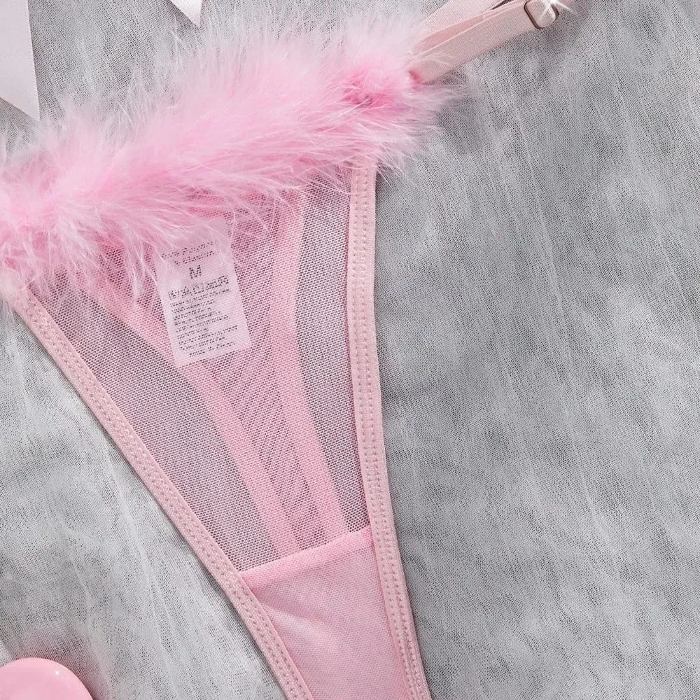 Sweet Furry Women's Underwear Wireless Bow Decor Lingerie Set Mesh Transparent Romantic Intimate Bra Panties Suit Anniversary