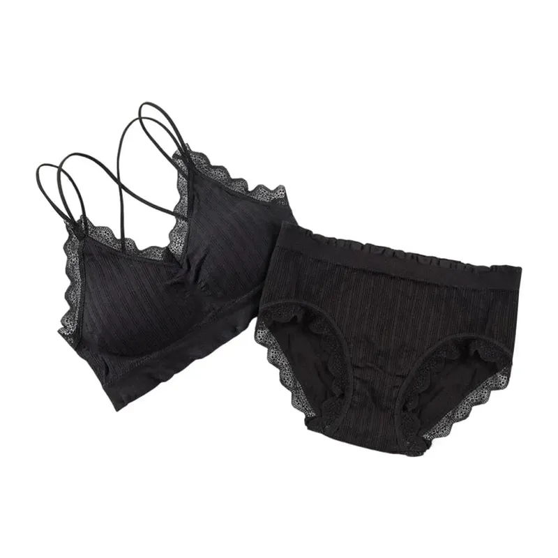 1Set Casual Lace Women Seamless Bra Set V-Neck Breathable Lingerie Set Comfortable with Bra Pads Underwear Set