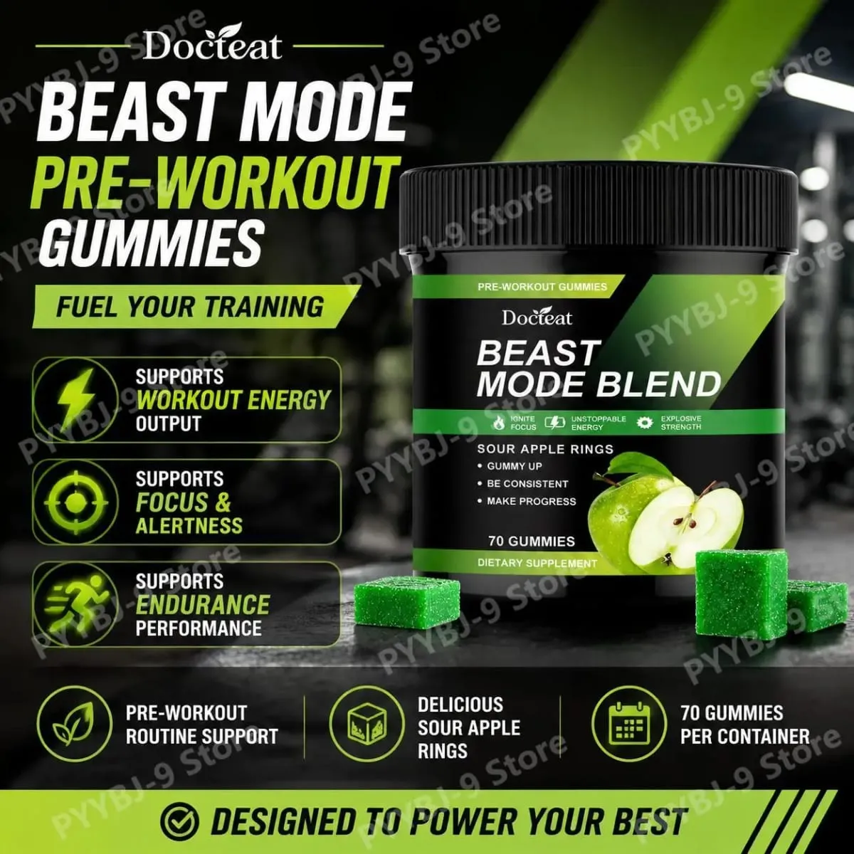 Docteat Beast Mode Blend Pré-entraînement Gummies Concentration énergétique et soutien à l'endurance pour l'entraînement en force et les journées de gym actives 70 pièces — image 2