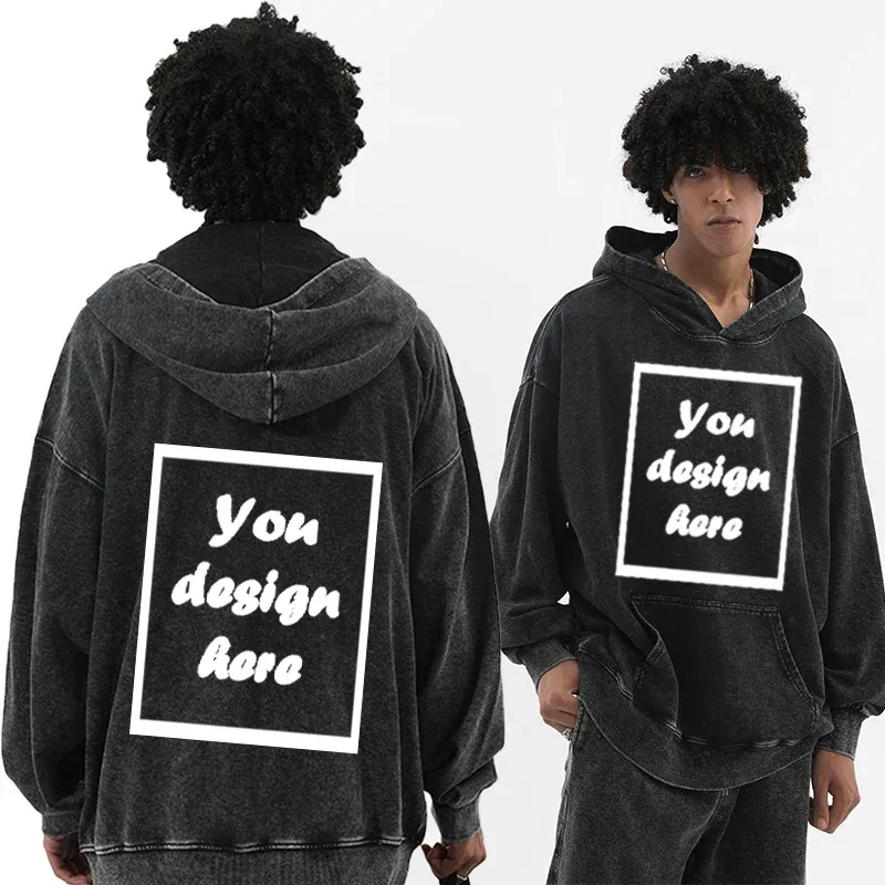 Men's personalized custom-printed washed vintage hooded warm sports wear thick 350 grams comfortable and warm. — image 1