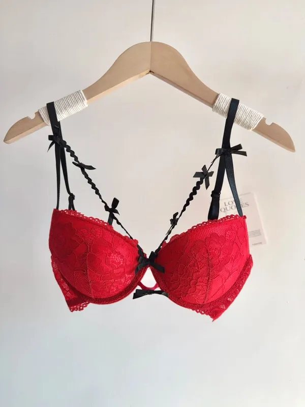 セクシーなWomen Wedding Red Lace Lingerie Set Bowknot Design Push Up Bra Small Bust Pure Style Party Intimate Underwear Suit 32-38AB — image 8