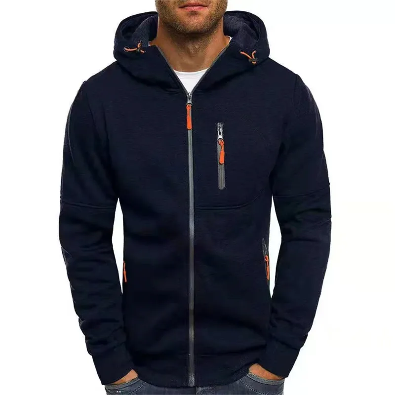 Men's Grey Hooded Sweatshirt Full Zipper Casual Sportswear with Pockets Orange Drawstring plus Size Available — image 10