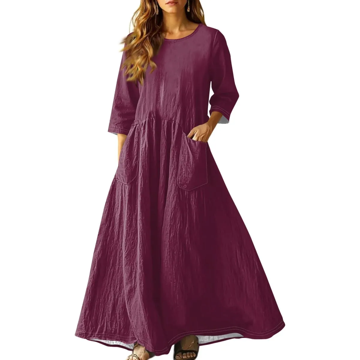 Women's Summer Loose Long Dresses Solid Color Three-quarter Sleeve Double Pocket Dress Loose Round Neck Linen Dress Vestidos — image 4