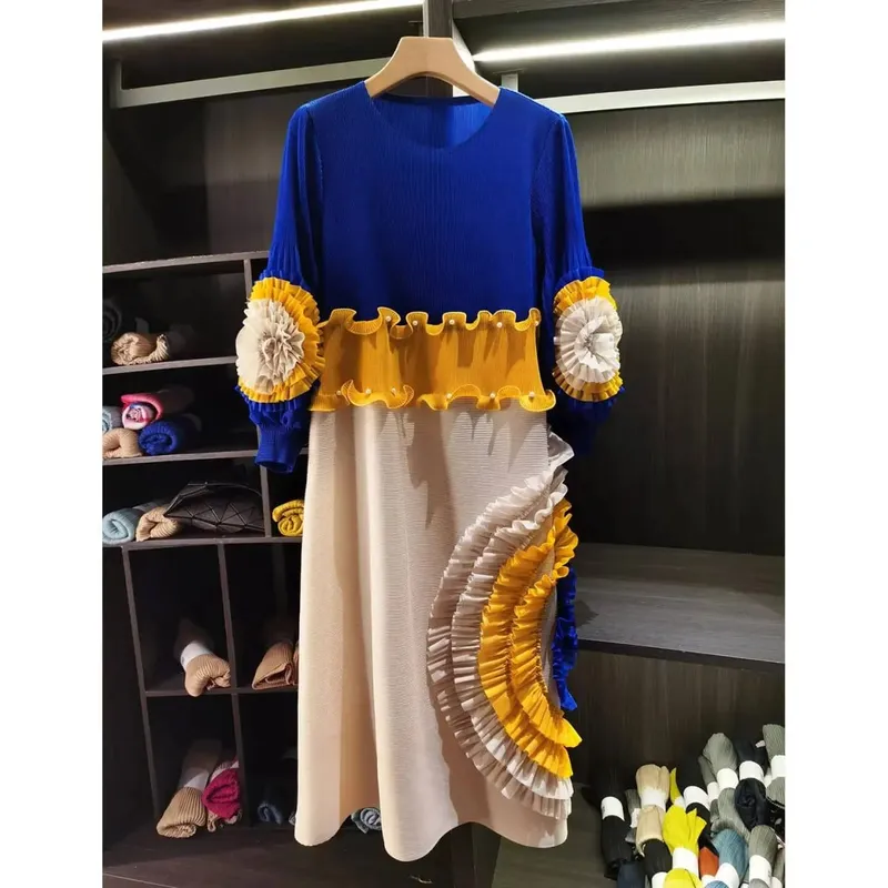 Pleated Tie Flower Long Sleeve Women's Dress Chic New Loose Colorblock Patchwork Design Beading Famale Clothing 2DB6651 — image 8