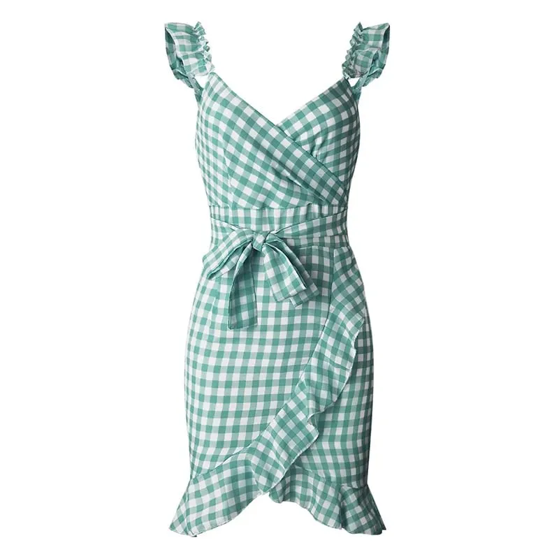 Nako-customize na Plaid Lace Up Bodycon Dress Women Ruffles Summer Dress Off Shoulder V Neck Backless Irregular Bow Tie Dresses — image 8
