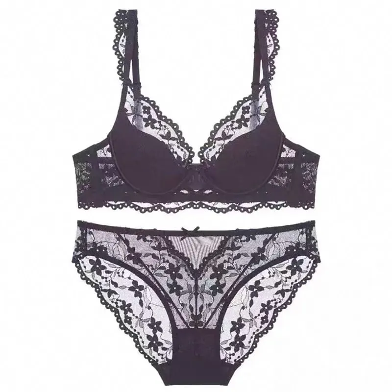 Feminino francês flutter manga renda lingerie conjunto macio underwire copo fino respirável sexy beleza volta minimizador sutiã 32-38 — image 8